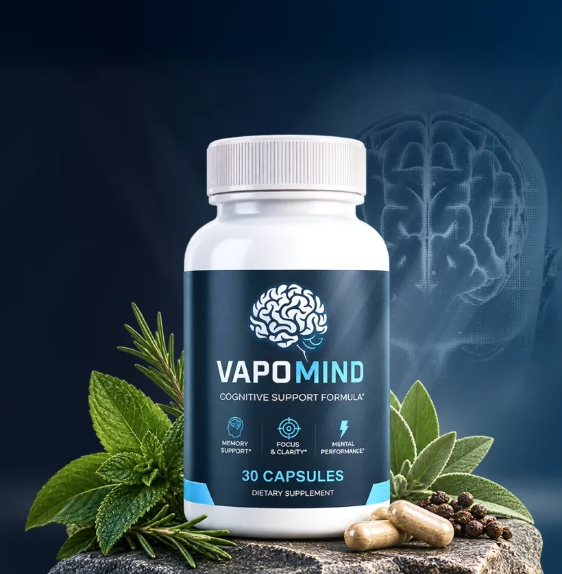 Vapo Mind capsule bottle with fresh green herbs