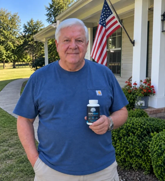 Smiling man holding a Vapo Mind bottle on his front porch